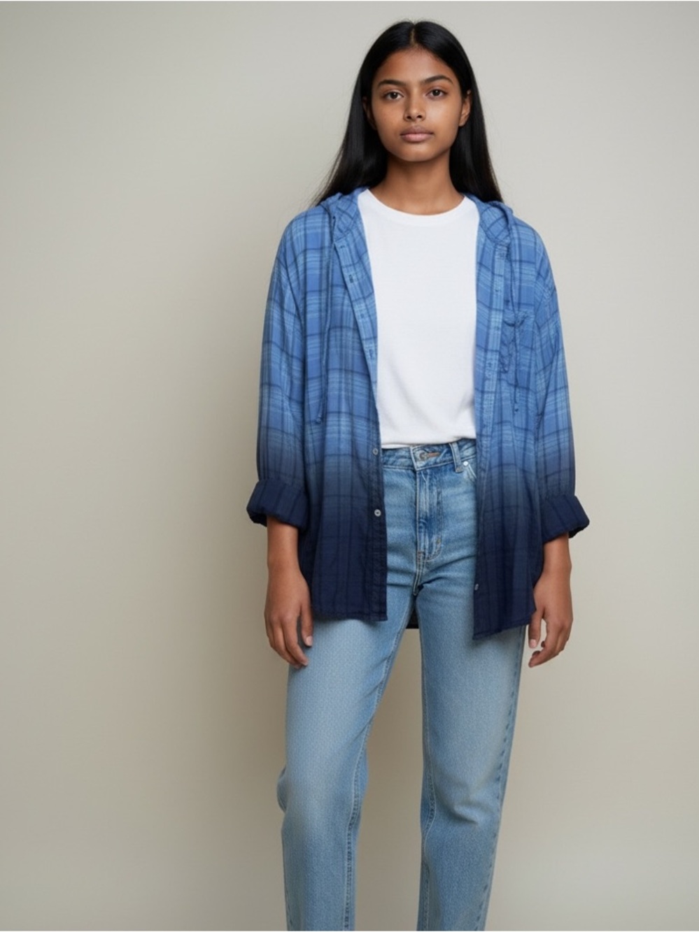 Aerie Plaid Soft Hooded Button Down Shirt